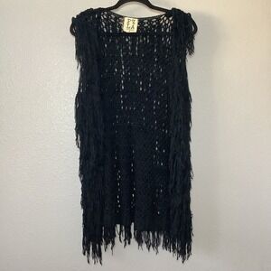 PPLA‎ Black Boho Festival Hippie Bohemian Open Knit Fringe Long Duster Vest M